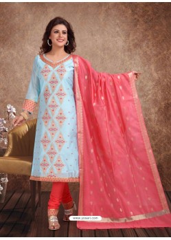 Fabulous Sky Blue Embroidered Designer Churidar Salwar Suit