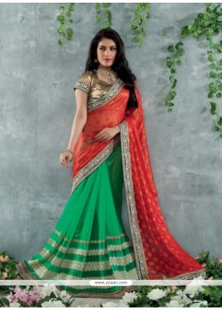 Red And Green Chiffon Jacquard Designer Saree