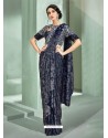 Awesome Navy Blue Designer Lycra Sari