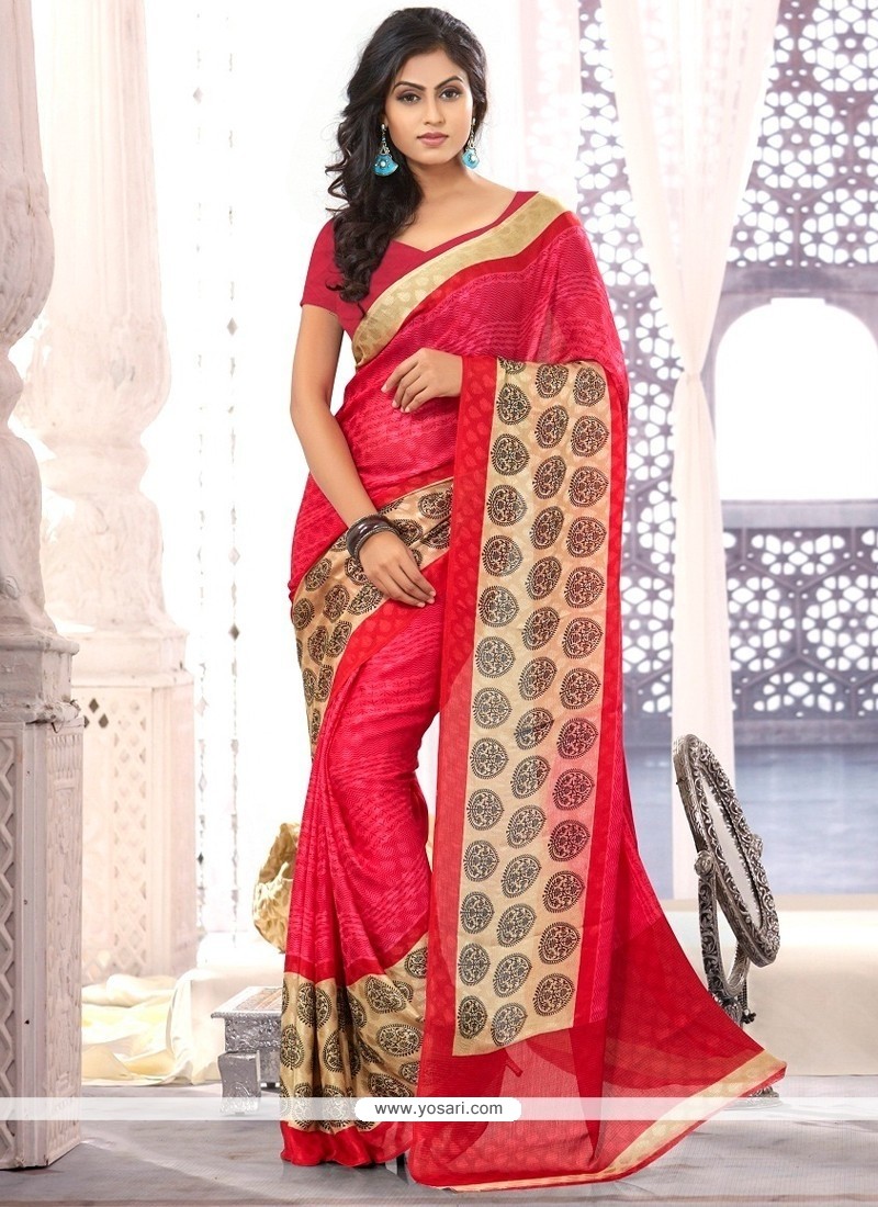 Hot Pink And Red Printed Casual Saree