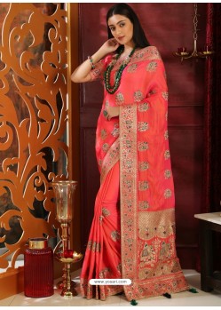 Trendy Dark Peach Designer Silk Sari
