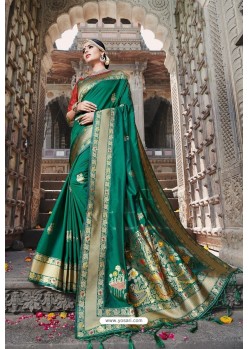 Trendy Dark Green Designer Banarasi Silk Sari