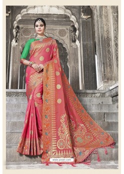 Classy Dark Peach Designer Banarasi Silk Sari