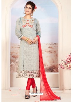 Fabulous Grey Embroidered Designer Churidar Salwar Suit