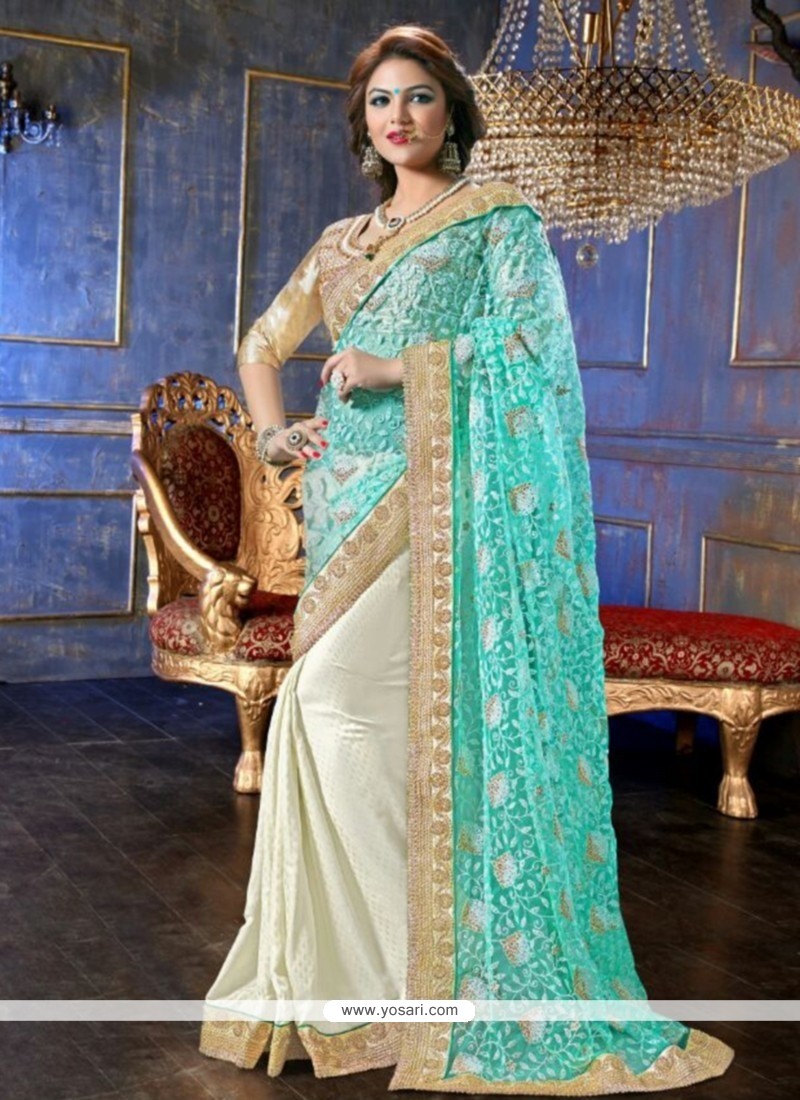 Turquoise Blue And White Net Classic Saree