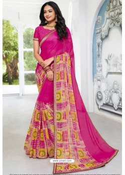 Trendy Hot Pink Designer Printed Sari