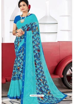 Trendy Blue Designer Printed Sari