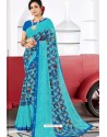 Trendy Blue Designer Printed Sari