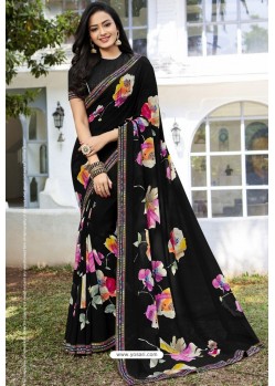 Trendy Black Designer Printed Sari