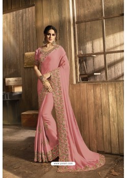Trendy Baby Pink Designer Silk Sari