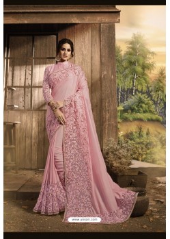 Classy Baby Pink Designer Silk Sari