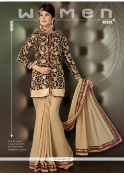 Awesome Beige Velvet Jacket Style Saree