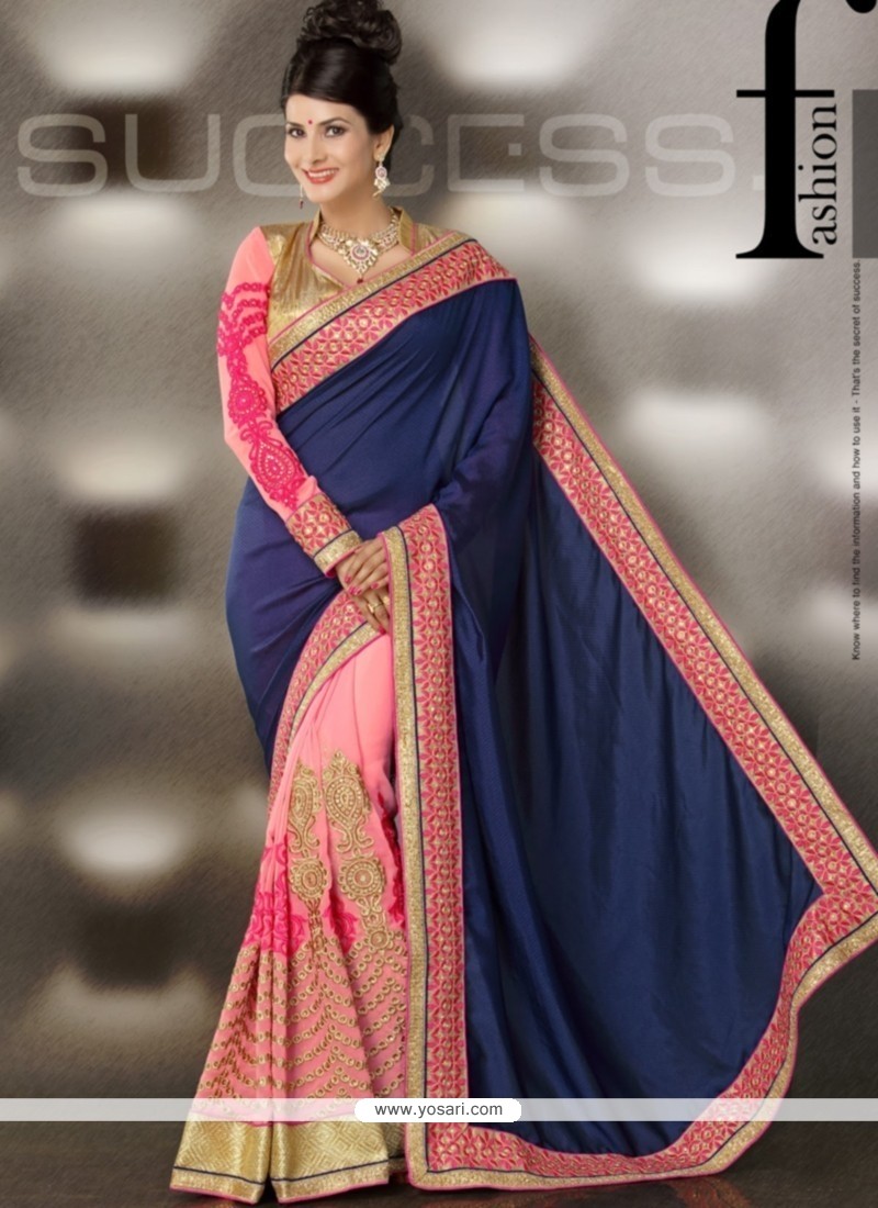 Navy Blue And Pink Art Silk Designer Saree