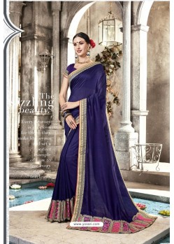 Trendy Navy Blue Designer Silk Sari