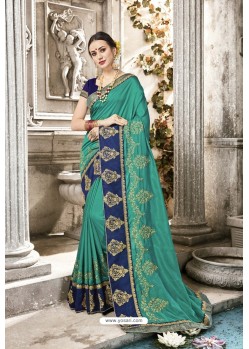 Trendy Aqua Mint Designer Silk Sari