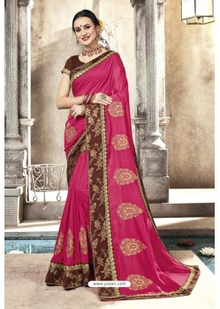 Awesome Rose Red Designer Silk Sari