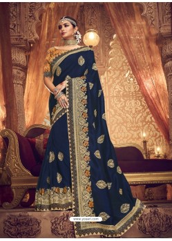 Trendy Peacock Blue Designer Party Wear Sari