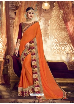 Trendy Orange Designer Party Wear Sari