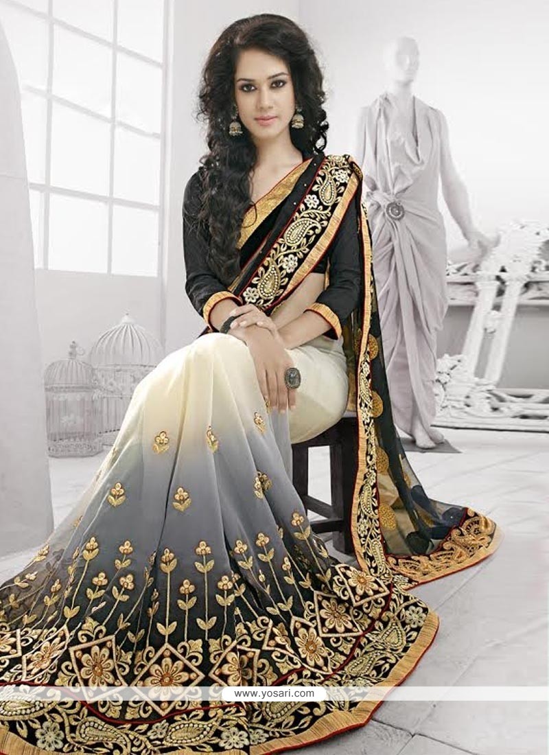 Black And Grey Shaded Georgette And Net Designer Saree