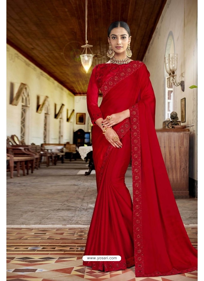 Red Embroidered Wedding Party Wear Saree - Sarees Designer Collection