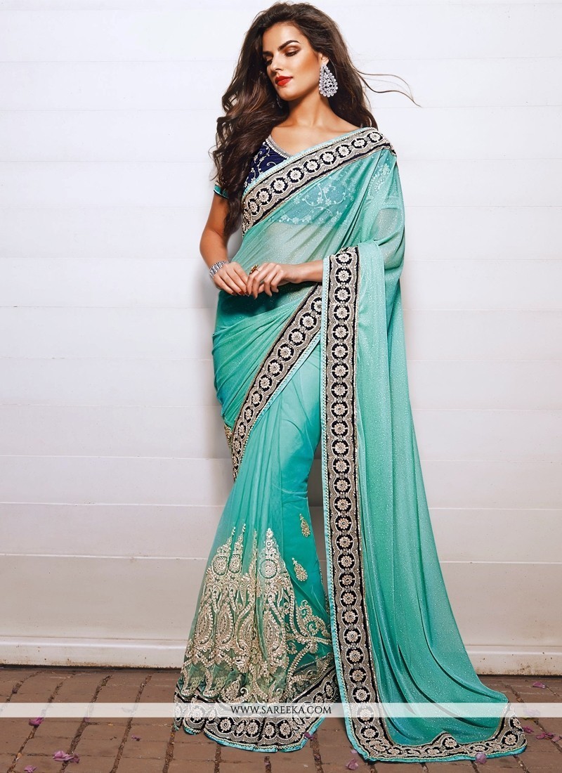 Turquoise Blue Net Designer Saree