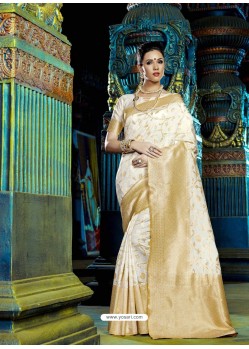 Off White Designer Silk Party Wear Sari