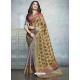 Khaki Heavy Embroidered Designer Silk Sari