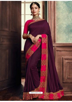 Deep Wine Heavy Embroidered Designer Silk Sari