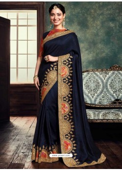 Navy Blue Heavy Embroidered Designer Silk Sari