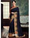 Navy Blue Heavy Embroidered Designer Silk Sari