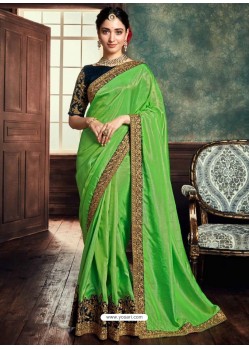 Green Heavy Embroidered Designer Silk Sari