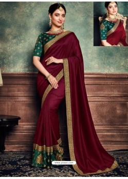 Maroon Heavy Embroidered Designer Silk Sari