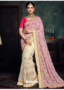 Off White Heavy Embroidered Designer Silk Sari