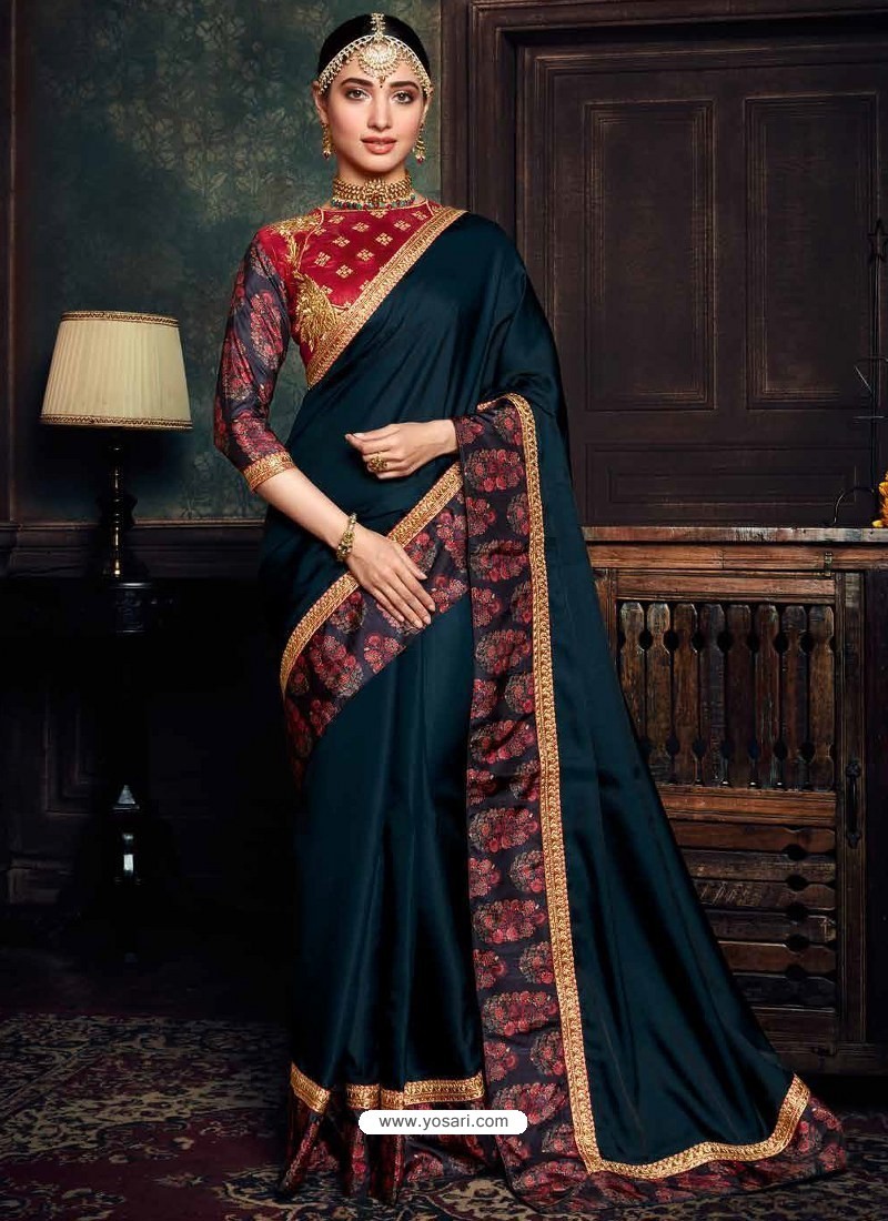 Buy Peacock Blue Heavy Embroidered Designer Silk Sari | Wedding Sarees