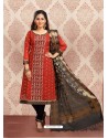 Red Embroidered Designer Churidar Salwar Suit