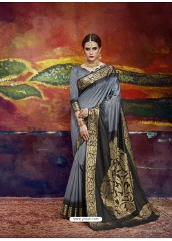 Grey Designer Silk Party Wear Sari