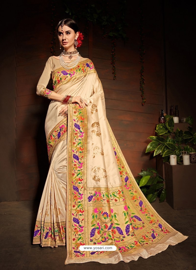 Buy Light Beige Designer Paithani Silk Sari | Wedding Sarees