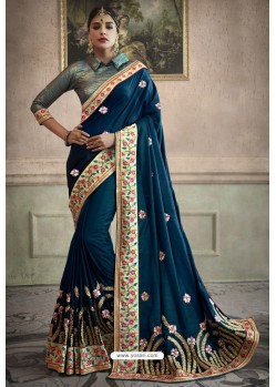 Peacock Blue Heavy Embroidered Designer Silk Sari