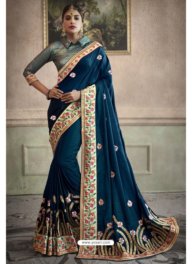 Buy Peacock Blue Heavy Embroidered Designer Silk Sari Wedding Sarees 4019