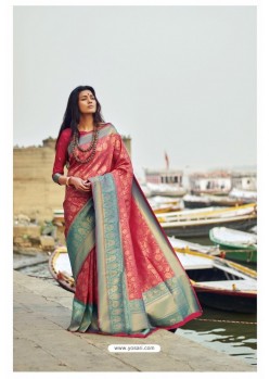 Dark Peach Heavy Embroidered Designer Silk Sari
