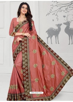 Peach Designer Silk Sari