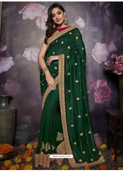 Dark Green Heavy Embroidered Designer Silk Sari