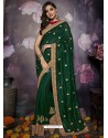 Dark Green Heavy Embroidered Designer Silk Sari