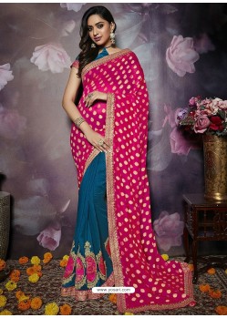 Peacock Blue Heavy Embroidered Designer Silk Sari