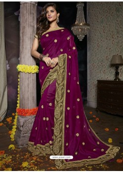 Deep Wine Heavy Embroidered Designer Silk Sari