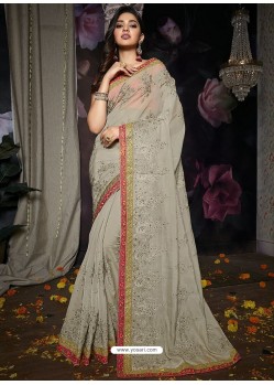 Light Beige Heavy Embroidered Designer Silk Sari