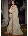 Light Beige Heavy Embroidered Designer Silk Sari