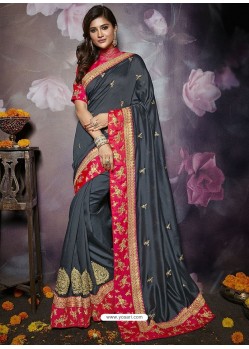 Grey Heavy Embroidered Designer Silk Sari