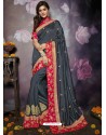 Grey Heavy Embroidered Designer Silk Sari