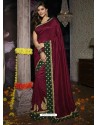 Wine Heavy Embroidered Designer Silk Sari